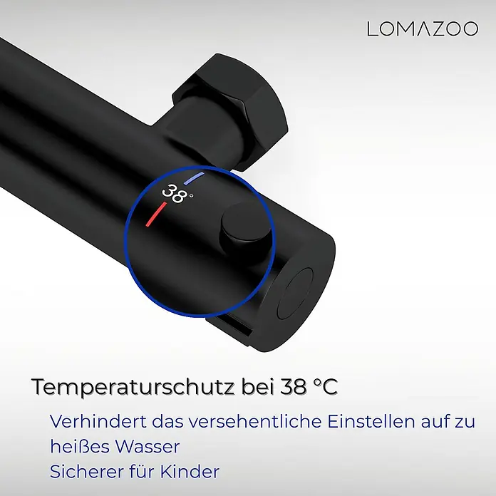 LOMAZOO UP-Brausearmatur 15CM-ZWART - Mattschwarz - Mattschwarze Thermostat-Duscharmatur mit auf 38°C eingestellter Temperaturkontrolle.