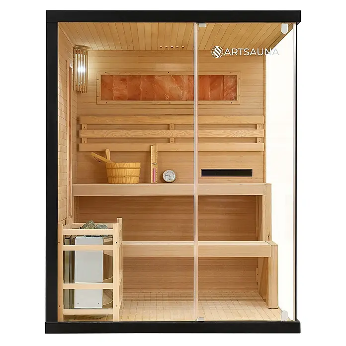 Artsauna Elementsauna Vantaa - L x B x H: 150 x 140 x 190 cm - Moderne Holzsauna mit Glastür, zweistufigen Bänken, Ofen und Salzpaneelen.