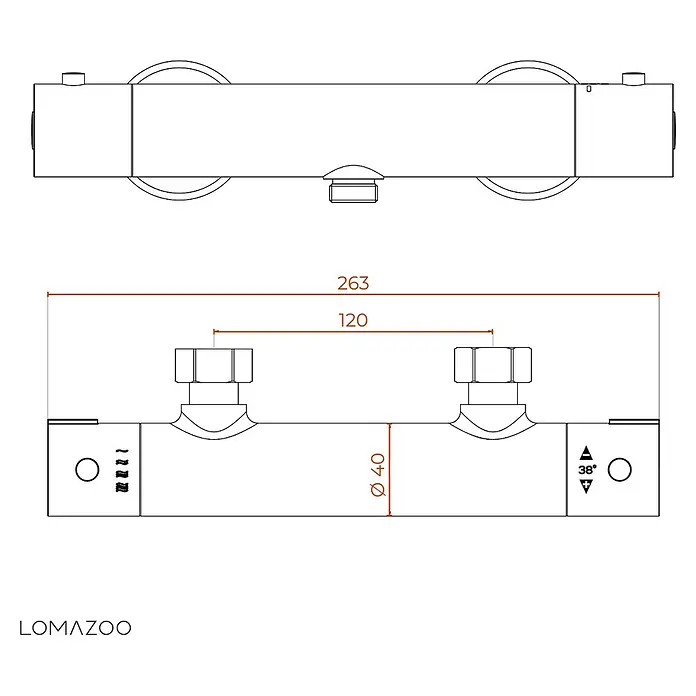 LOMAZOO UP-Brausearmatur 12CM-CHROOM - Chrom - Technische Zeichnung eines Thermostat-Brausemischers aus Metall, 263mm lang mit 120mm Anschlussabstand und 40mm Durchmesser.