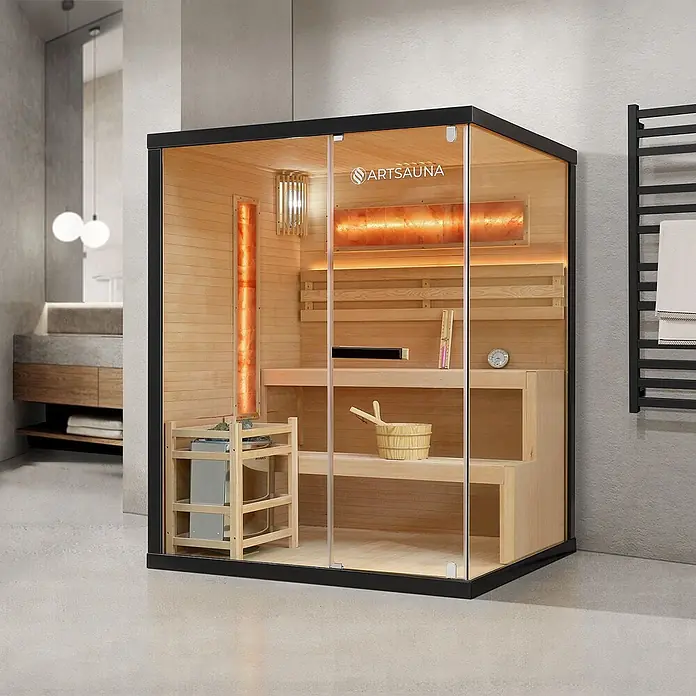 Artsauna Elementsauna Vantaa - L x B x H: 150 x 140 x 190 cm - Moderne Sauna-Kabine mit Glasfront, Holzinterieur und schwarzem Rahmen.