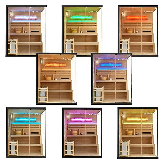 Artsauna Elementsauna Vantaa - L x B x H: 150 x 140 x 190 cm - Sieben helle Holzsaunen mit Glasfronten, die LED-Chromotherapiebeleuchtung in verschiedenen Farben wie Rot, Grün, Blau und Orange zeigen.