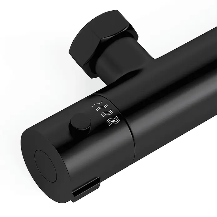 LOMAZOO UP-Brausearmatur 12CM-ZWART - Mattschwarz - Schwarzes zylindrisches Gerät mit Temperaturregler und Wärmewellen-Symbolen.