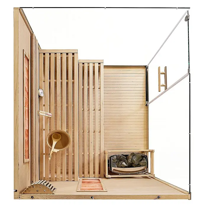 Artsauna Elementsauna Vantaa - L x B x H: 150 x 140 x 190 cm - Modernes Sauna-Interieur aus hellem Holz mit Lattenbänken, Glastür, einem steinbefüllten Ofen und Holzzubehör wie Eimer und Kelle.