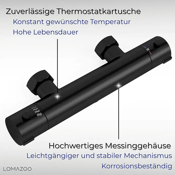 LOMAZOO UP-Brausearmatur 12CM-ZWART - Mattschwarz - Schwarze Thermostat-Brausearmatur aus Messing mit 38°-Temperaturanschlag, für konstante Temperatur und Korrosionsbeständigkeit.