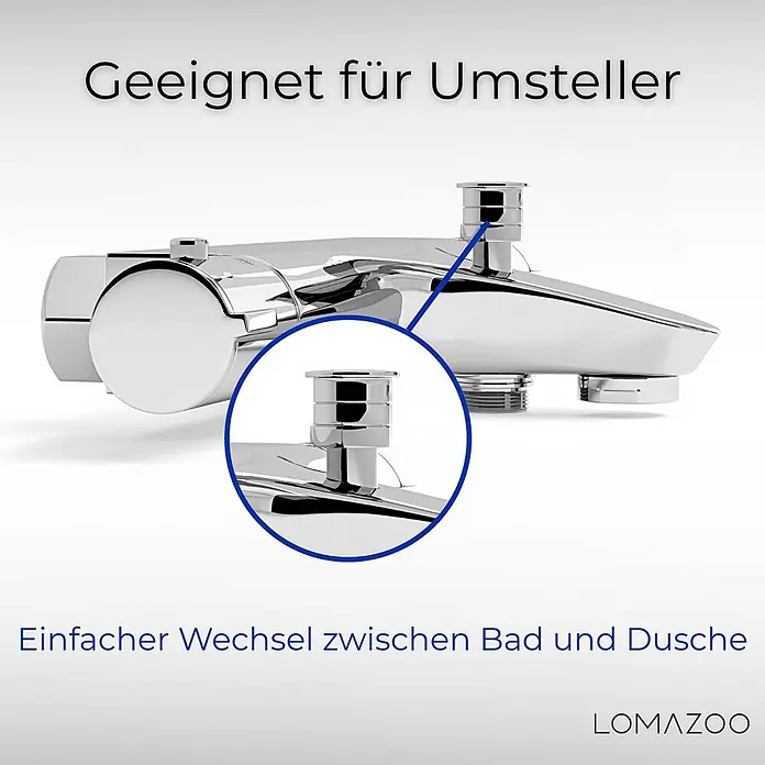LOMAZOO Badewannenarmatur BADKR-CHROOM - Chrom - Glänzende, verchromte Badarmatur mit sichtbarem Umstellknopf für einfachen Wechsel zwischen Bad und Dusche.