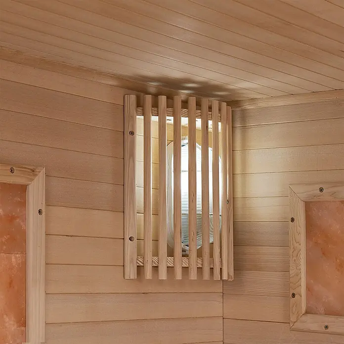 Artsauna Elementsauna Vantaa - L x B x H: 150 x 140 x 190 cm - Sauna-Innenraum aus hellem Holz mit Lamellenlüftung und gerahmten Salzplatten.