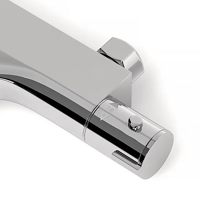 LOMAZOO Badewannenarmatur BADKR-CHROOM - Chrom - Verchromte Thermostat-Duscharmatur mit zylindrischem Temperaturregler, markiert mit '38°' und Sicherheitsknopf.