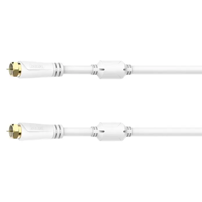 Hama F-Stecker 00205252 SAT-Anschlusskabel F-Stecker - F-Stecker vergoldet 100 dB - Weiß - Zwei weiße Hama Koaxialkabel mit goldenen F-Steckern und Zwischenadaptern.