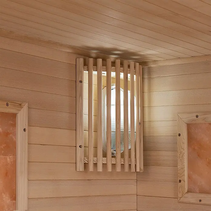 Artsauna Elementsauna Vantaa - L x B x H: 140 x 175 x 200 cm - Sauna-Innenraum mit heller Holzverkleidung, lamelliertem Lüftungsschlitz und zwei Salzsteinpaneelen.