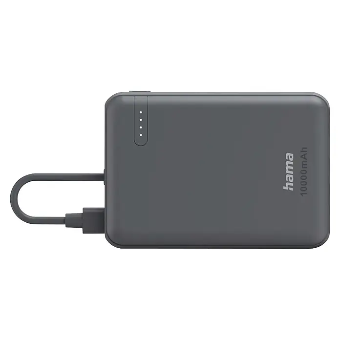 Hama Powerbank 00201739 "Travel" mit Kabel 10000mAh 2 Ausgänge: 2x USB-C - Grau - Dunkelgraue Hama 10000mAh Powerbank mit integriertem USB-Ladekabel und vier LED-Akkustandsanzeigen.