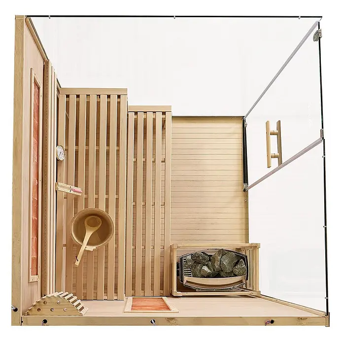 Artsauna Elementsauna Vantaa - L x B x H: 140 x 175 x 200 cm - Helle Holzsauna-Kabine mit Glaswand, Heizgerät mit Steinen, Eimer, Schöpfkelle und Thermometer.