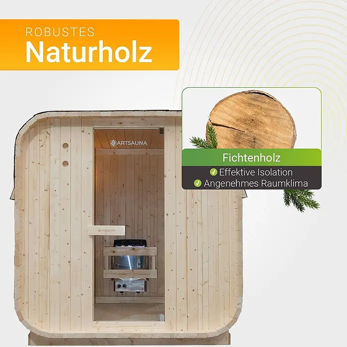 Artsauna Fasssauna Nolvik - Holz, L x B x H: 180 x 185 x 194 cm - Robuste Sauna aus Fichtenholz mit Glastür und Ofen, bietet effektive Isolation.