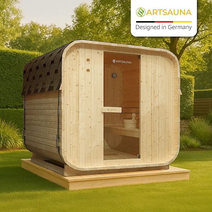 Artsauna Fasssauna Nolvik - Holz, L x B x H: 180 x 185 x 194 cm - Gartensauna aus hellem Holz mit dunklem Schindeldach und Glastür, auf einer Holzplattform im Garten.