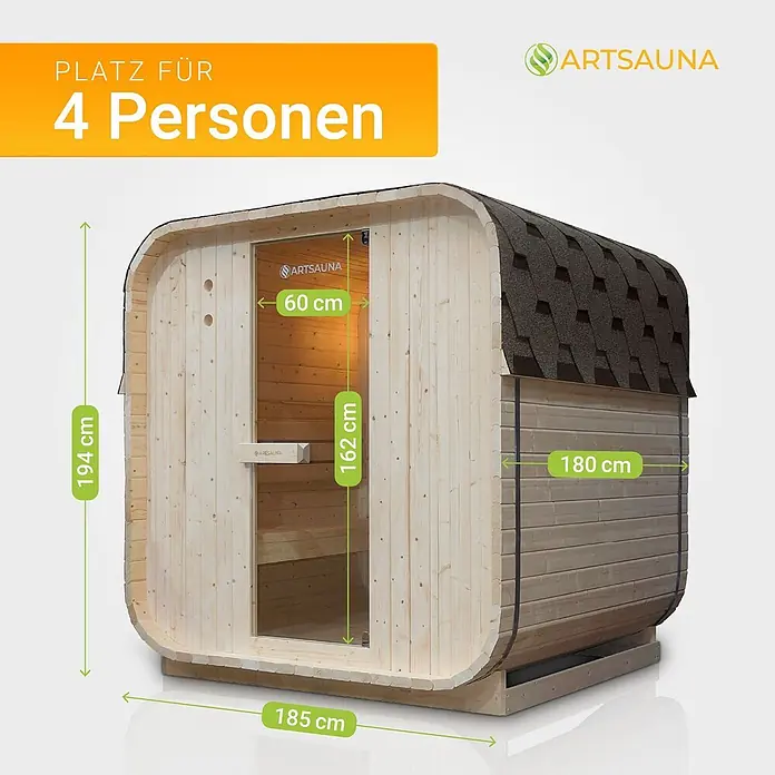 Artsauna Fasssauna Nolvik - Holz, L x B x H: 180 x 185 x 194 cm - Hölzerne Fasssauna für 4 Personen.