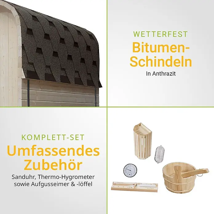 Artsauna Fasssauna Nolvik - Holz, L x B x H: 180 x 185 x 194 cm - Anthrazit-Bitumenschindeln für ein Saunadach und umfassendes Saunazubehör: Sanduhr, Thermo-Hygrometer sowie Aufgusseimer & -löffel.
