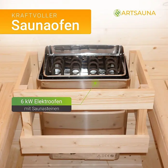Artsauna Fasssauna Nolvik - Holz, L x B x H: 180 x 185 x 194 cm - Ein 6 kW Elektro-Saunaofen aus Edelstahl mit Saunasteinen, installiert in einer Holzsaunakabine.