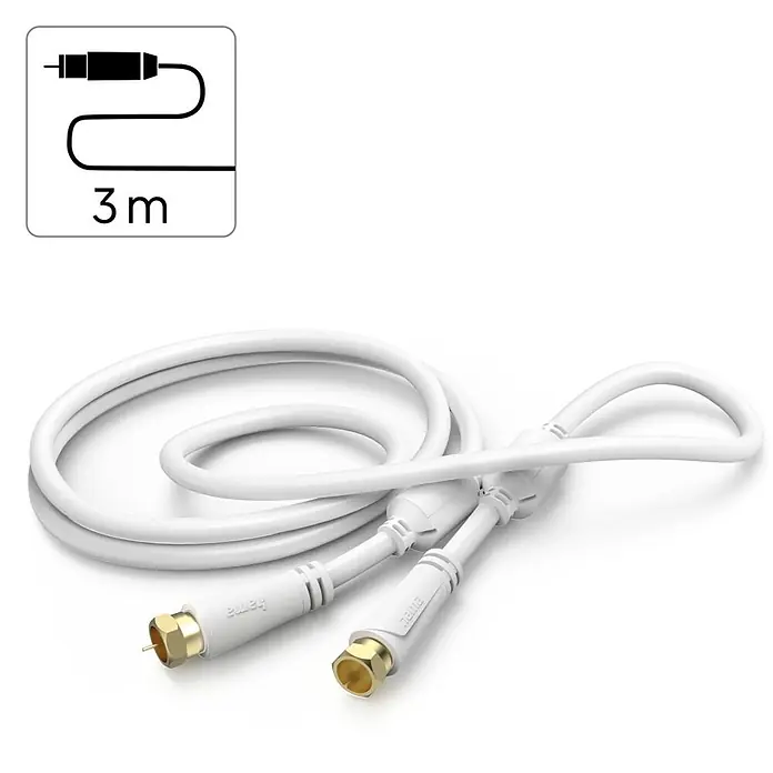 Hama F-Stecker 00205252 SAT-Anschlusskabel F-Stecker - F-Stecker vergoldet 100 dB - Weiß - Weißes Koaxialkabel mit goldenen F-Steckern, 3 Meter lang.