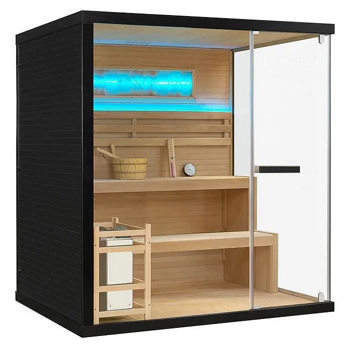 Artsauna Elementsauna Vantaa - L x B x H: 140 x 175 x 200 cm - Moderne Saunakabine mit schwarzem Äußeren, hellem Holzinterieur, Glastür und blauer LED-Beleuchtung.