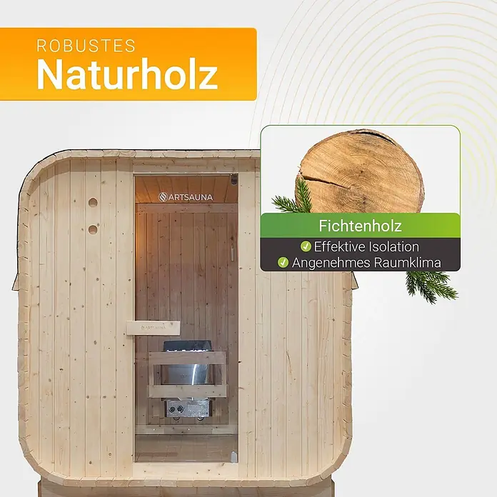 Artsauna Fasssauna Nolvik - Holz, L x B x H: 220 x 185 x 194 cm - Fasssauna aus robustem Fichtenholz mit Glastür, betont effektive Isolation und angenehmes Raumklima.