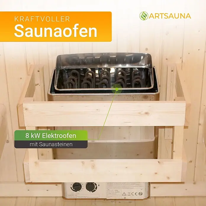 Artsauna Fasssauna Nolvik - Holz, L x B x H: 220 x 185 x 194 cm - 8 kW Elektro-Saunaofen mit Metall-Finish, installiert in einer Holzkabine, inklusive Saunasteine.