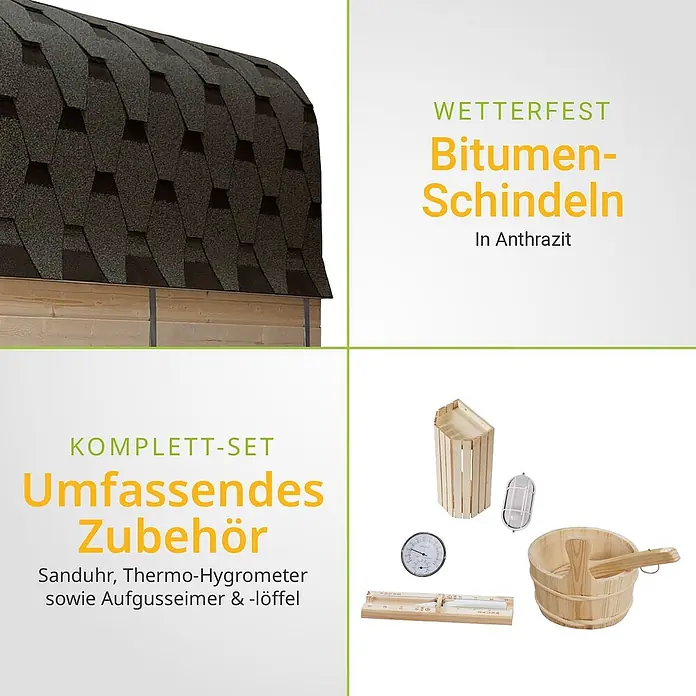 Artsauna Fasssauna Nolvik - Holz, L x B x H: 220 x 185 x 194 cm - Dunkelgraues Bitumen-Schindeldach einer Sauna mit komplettem Zubehör: Holzeimer, Kelle, Sanduhr und Thermometer.