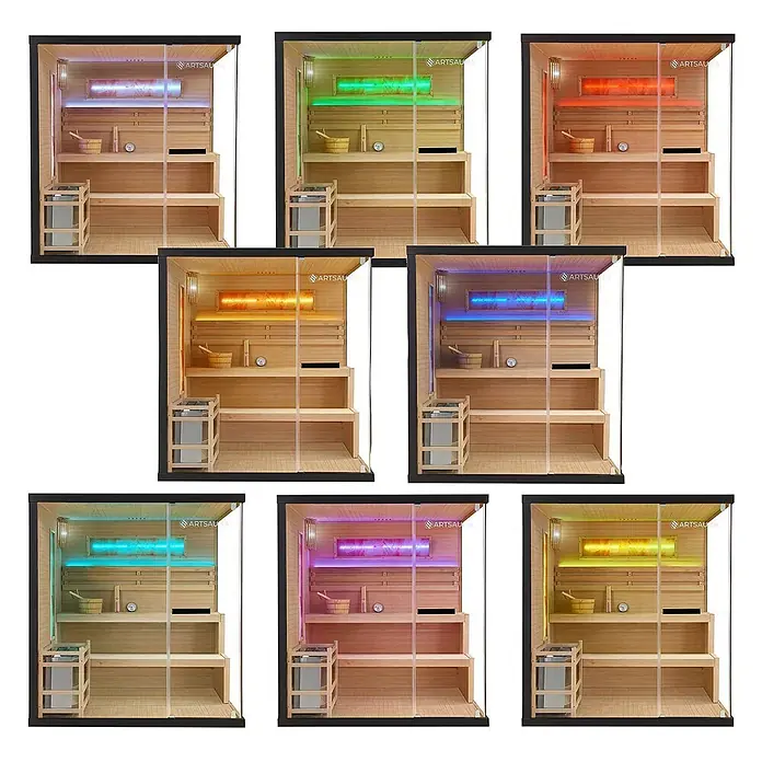 Artsauna Elementsauna Vantaa - L x B x H: 140 x 175 x 200 cm - Sieben Saunen aus hellem Holz mit schwarzem Rahmen und Glasfront, die verschiedene LED-Farblichttherapie-Optionen zeigen.