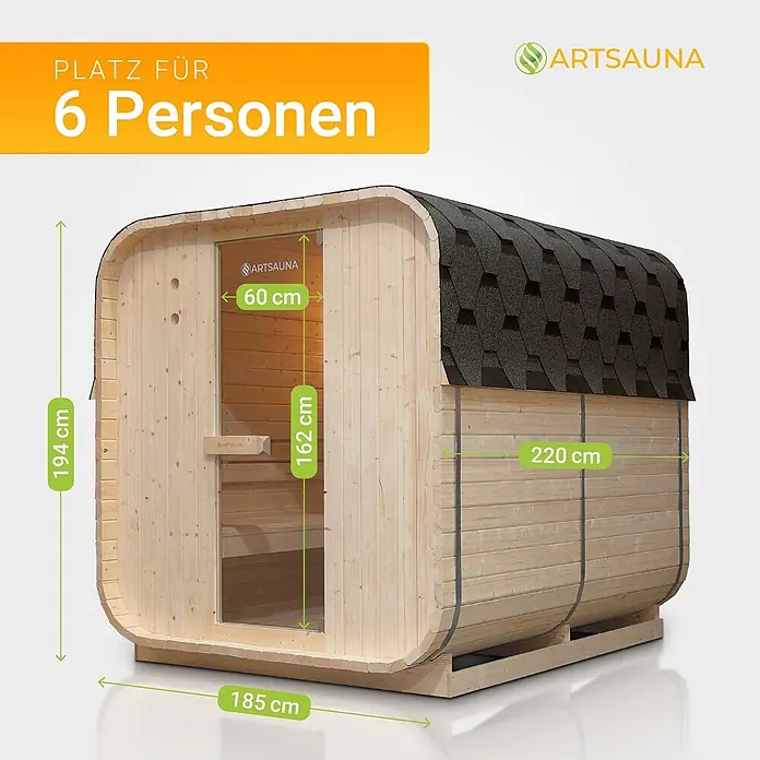 Artsauna Fasssauna Nolvik - Holz, L x B x H: 220 x 185 x 194 cm - Fasssauna aus hellem Holz mit dunklem Schindeldach und Glastür, Maße 185x220x194 cm, für 6 Personen.