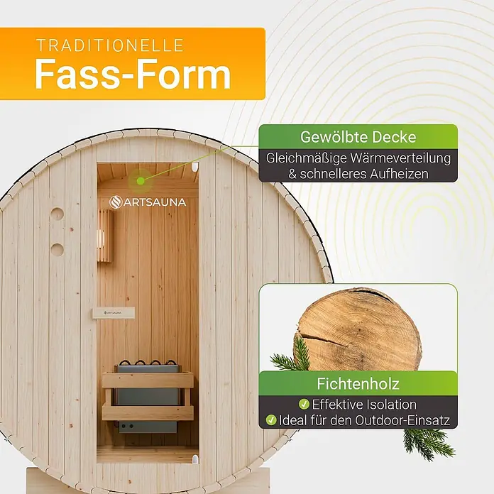 Artsauna Fasssauna Spitzbergen - Holz, L x B x H: 120 x 191 x 193 cm - Hölzerne Fasssauna aus Fichtenholz mit gewölbter Decke für gleichmäßige Wärmeverteilung und effektive Isolation, ideal für den Außenbereich.