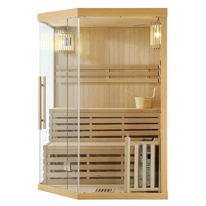 Artsauna Elementsauna Espoo - L x B x H: 150 x 150 x 200 cm - Ecksaunakabine aus hellem Holz mit Glastür, Bänken und Heizgerät, inklusive Holzeimer und Kelle.