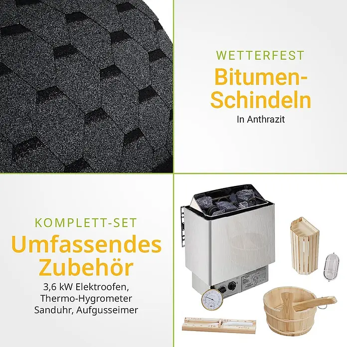 Artsauna Fasssauna Spitzbergen - Holz, L x B x H: 120 x 191 x 193 cm - Komplettes Saunaset mit anthrazitfarbenen Bitumenschindeln, Elektroofen, Thermo-Hygrometer, Sanduhr und Aufgusseimer.