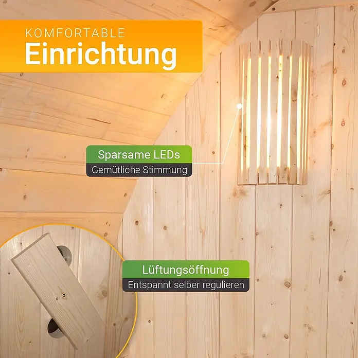 Artsauna Fasssauna Spitzbergen - Holz, L x B x H: 120 x 191 x 193 cm - Holzsauna-Interieur mit Lamellen-LED-Leuchte und verstellbarer Holz-Lüftungsöffnung für Komfort und Gemütlichkeit.