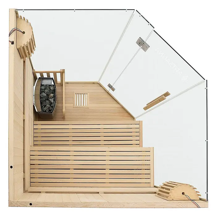 Artsauna Elementsauna Espoo - L x B x H: 150 x 150 x 200 cm - Draufsicht auf eine moderne Sauna mit hellen Holzbänken, einem Ofen mit Steinen und klaren Glaswänden.