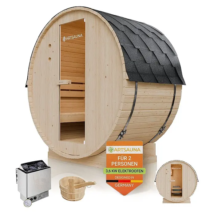 Artsauna Fasssauna Spitzbergen - Holz, L x B x H: 120 x 191 x 193 cm - Fasssauna aus Holz mit dunklem Schindeldach, dazu Elektroofen, Holzkübel und Schöpfkelle. Für zwei Personen.