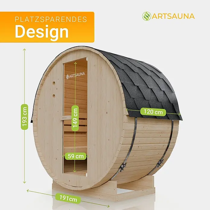 Artsauna Fasssauna Spitzbergen - Holz, L x B x H: 120 x 191 x 193 cm - Fasssauna aus Holz mit dunklem Schindeldach, die ihr platzsparendes Design und ihre Maße hervorhebt.