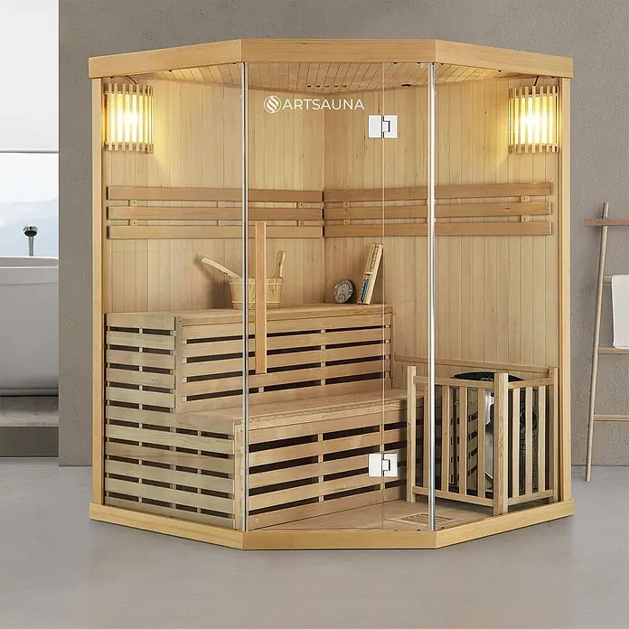 Artsauna Elementsauna Espoo - L x B x H: 150 x 150 x 200 cm - Ecksaunakabine aus hellem Holz mit Glaswänden, Innenbänken und Heizschutzgitter.