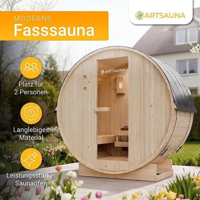Artsauna Fasssauna Spitzbergen - Holz, L x B x H: 120 x 191 x 193 cm - Moderne hölzerne Fasssauna für 2 Personen mit leistungsstarkem Ofen, im Garten.