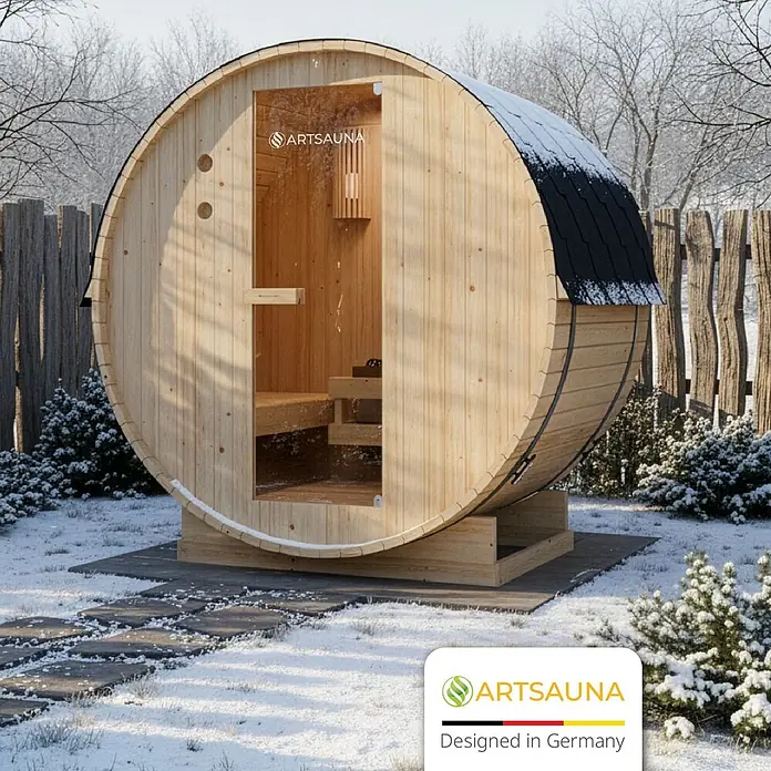 Artsauna Fasssauna Spitzbergen - Holz, L x B x H: 120 x 191 x 193 cm - Hölzerne Fasssauna mit Glastür und dunklem Dach, in einem verschneiten Garten.