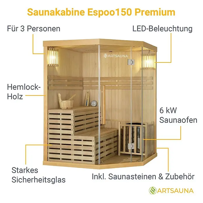 Artsauna Elementsauna Espoo - L x B x H: 150 x 150 x 200 cm - Artsauna Espoo150 Premium Saunakabine für 3 Personen aus Hemlockholz mit Glastür, LED-Beleuchtung, 6-kW-Ofen und Zubehör.