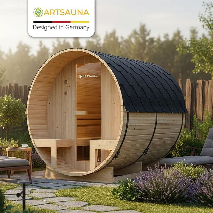 Artsauna Fasssauna Spitzbergen - Holz, L x B x H: 190 x 185 x 220 cm - Hölzerne Fasssauna mit schwarzem Schindeldach, konzipiert für den Außeneinsatz im Garten.