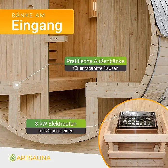 Artsauna Fasssauna Spitzbergen - Holz, L x B x H: 190 x 185 x 220 cm - Holzsauna mit Innen- und Außenbänken sowie 8 kW Elektroofen.