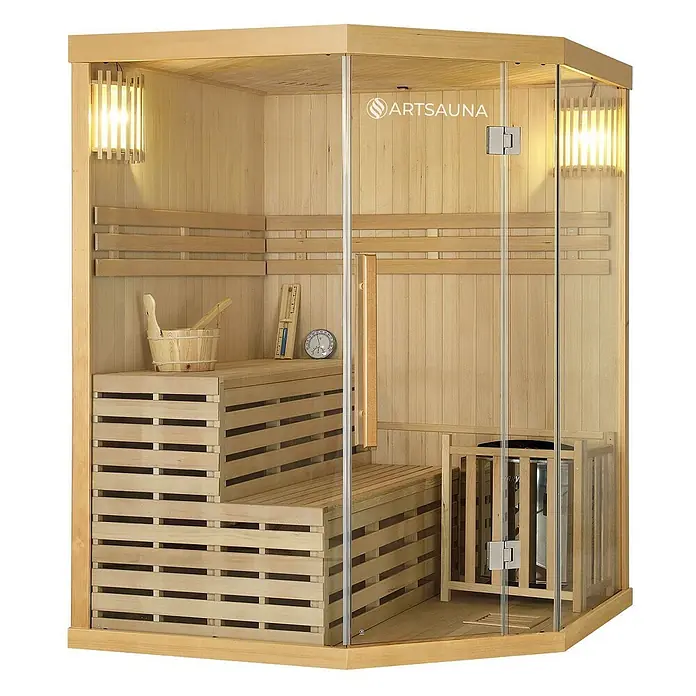 Artsauna Elementsauna Espoo - L x B x H: 150 x 150 x 200 cm - Eck-Saunakabine aus hellem Holz mit Glastür, gestuften Bänken, Eimer und Ofen.