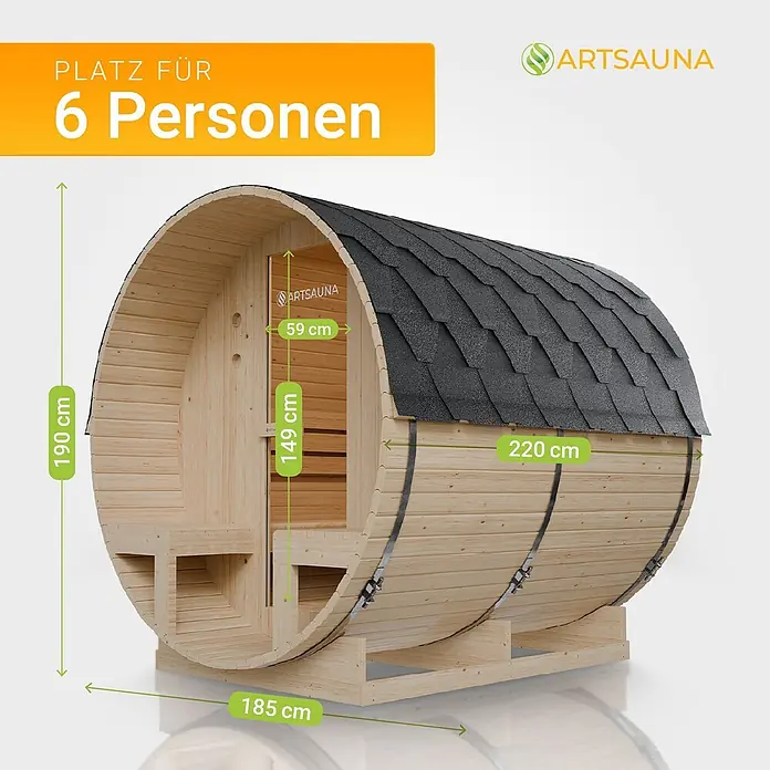 Artsauna Fasssauna Spitzbergen - Holz, L x B x H: 190 x 185 x 220 cm - Fasssauna aus Holz mit dunklem Schindeldach, Maße und Kapazität für 6 Personen dargestellt.