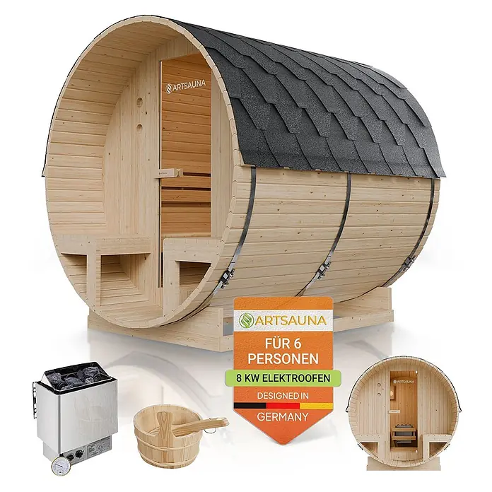 Artsauna Fasssauna Spitzbergen - Holz, L x B x H: 190 x 185 x 220 cm - Fasssauna aus Holz mit dunklem Schindeldach, Eingang, Bänken und passendem Ofen mit Eimer.