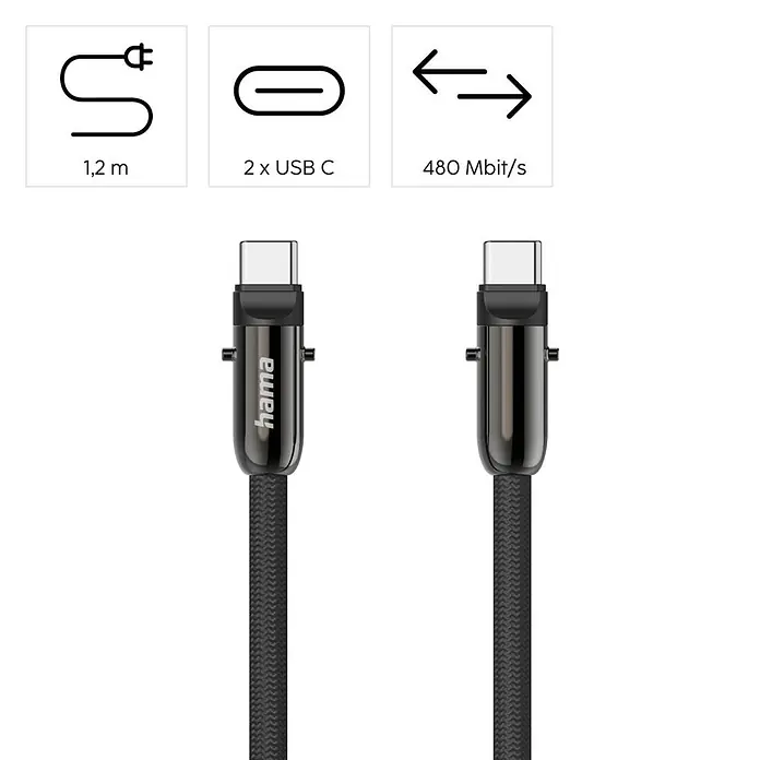 Hama USB-Kabel 00201751 USB-C-Kabel und Handyband 2in1-Lösung 1 - Schwarz - Schwarzes geflochtenes USB-C auf USB-C Kabel, 1,2 m lang, mit 480 Mbit/s Datenübertragungsrate.