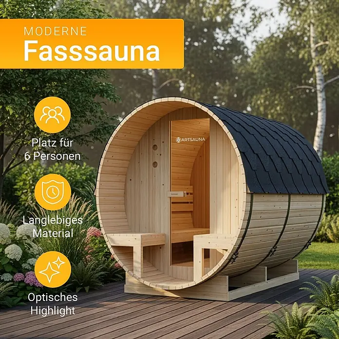 Artsauna Fasssauna Spitzbergen - Holz, L x B x H: 190 x 185 x 220 cm - Moderne Holzfasssauna mit schwarzem Dach auf einer Terrasse für 6 Personen. Robustes Material und ein optisches Highlight.