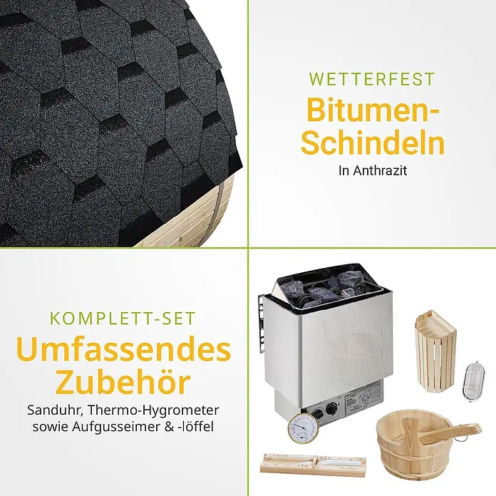 Artsauna Fasssauna Spitzbergen - Holz, L x B x H: 190 x 185 x 220 cm - Wetterfeste Anthrazit-Bitumen-Schindeln und umfassendes Sauna-Zubehör (Ofen, Eimer, Sanduhr, Hygrometer).