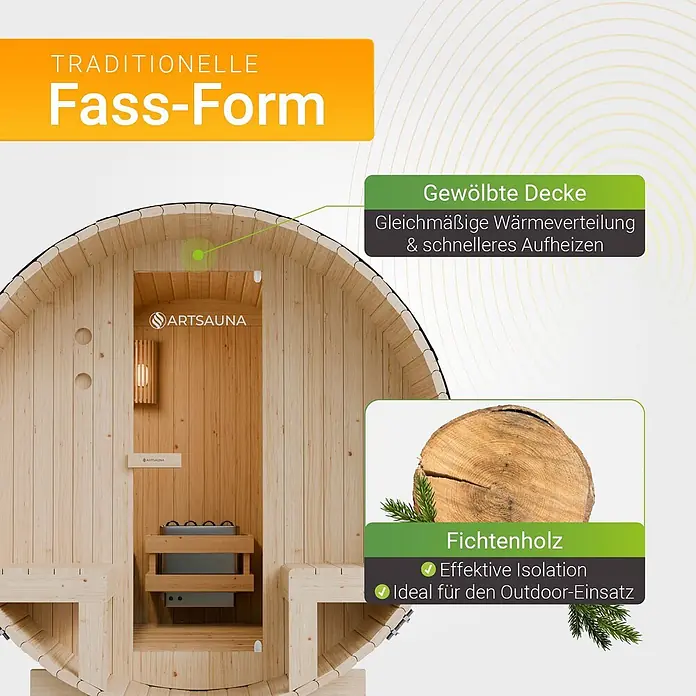 Artsauna Fasssauna Spitzbergen - Holz, L x B x H: 190 x 185 x 220 cm - Traditionelle Fasssauna aus Fichtenholz mit gewölbter Decke für gleichmäßige Wärmeverteilung und effektive Isolierung, ideal für den Außenbereich.