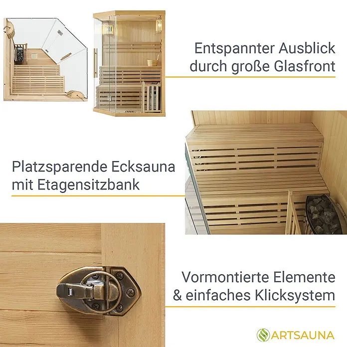 Artsauna Elementsauna Espoo - L x B x H: 150 x 150 x 200 cm - Hölzerne Ecksauna mit großer Glasfront, Etagen-Sitzbänken und bronze-farbenem Riegel.