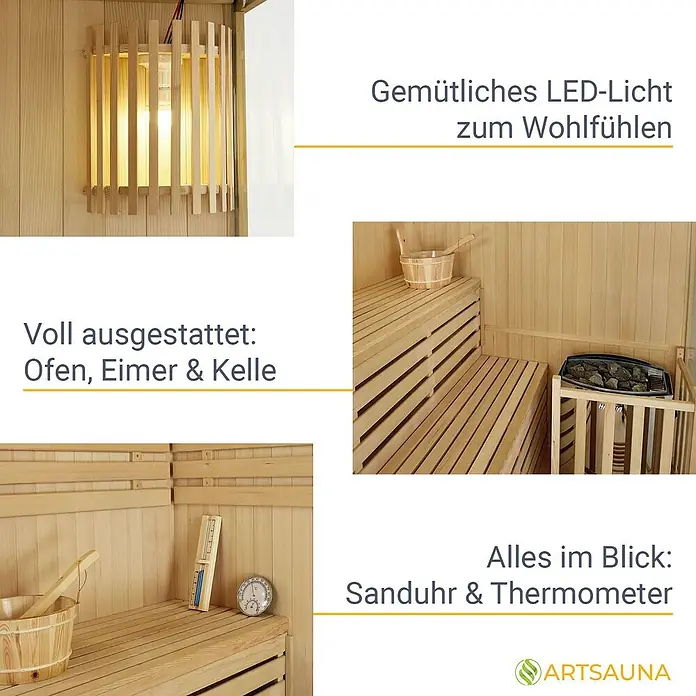 Artsauna Elementsauna Espoo - L x B x H: 150 x 150 x 200 cm - Saunainnenraum mit Holzbänken, sanftem LED-Licht, Ofen, Eimer, Kelle, Sanduhr und Thermometer.