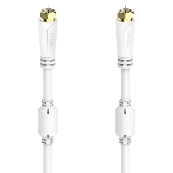 Hama F-Stecker 00205252 SAT-Anschlusskabel F-Stecker - F-Stecker vergoldet 100 dB - Weiß - Zwei weiße Koaxialkabel mit goldenen F-Steckern und Ferritkernen zur Signalfilterung.